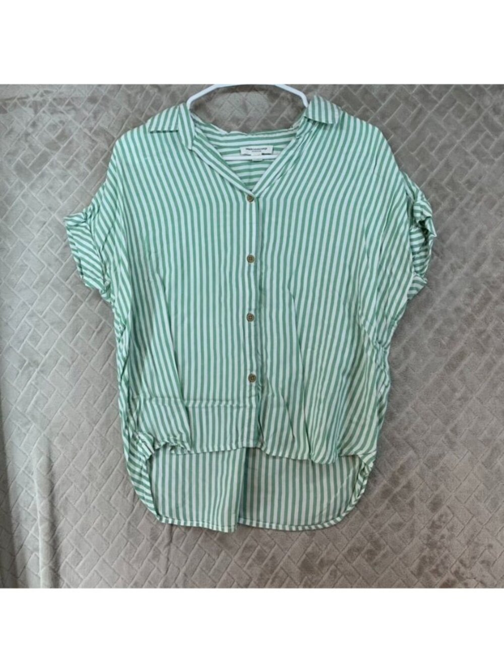 Beachlunchlounge Shirt Womens S Green & White Striped Button-Down Short-Sleeve
